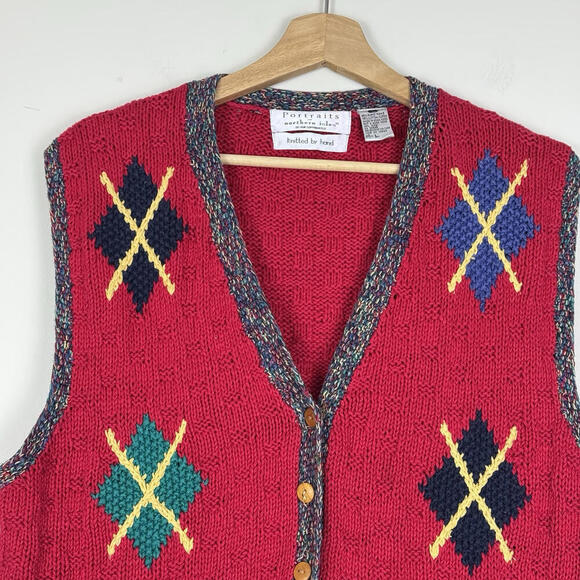 VTG Portraits Northern Isles Hand-Knit Red Wool Sweater Vest M-L Argyle Cottage - Picture 4 of 9